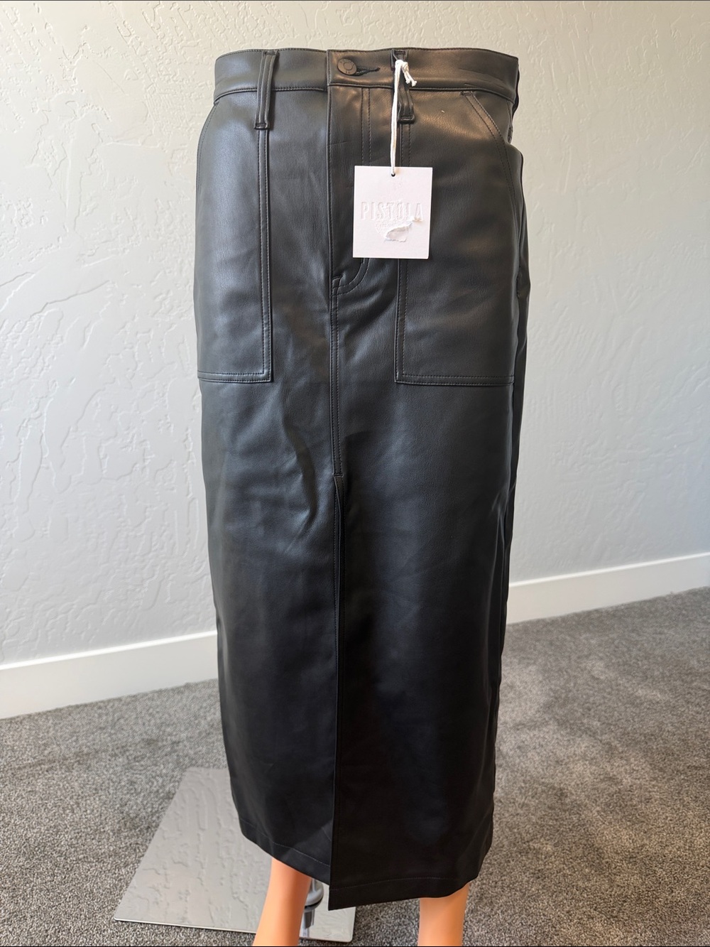 pistola Black Faux Leather High-Waist Midi Skirt